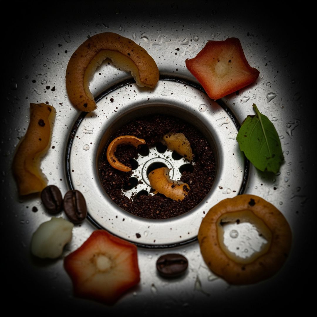 Food scraps and coffee grounds collected inside a kitchen sink drain