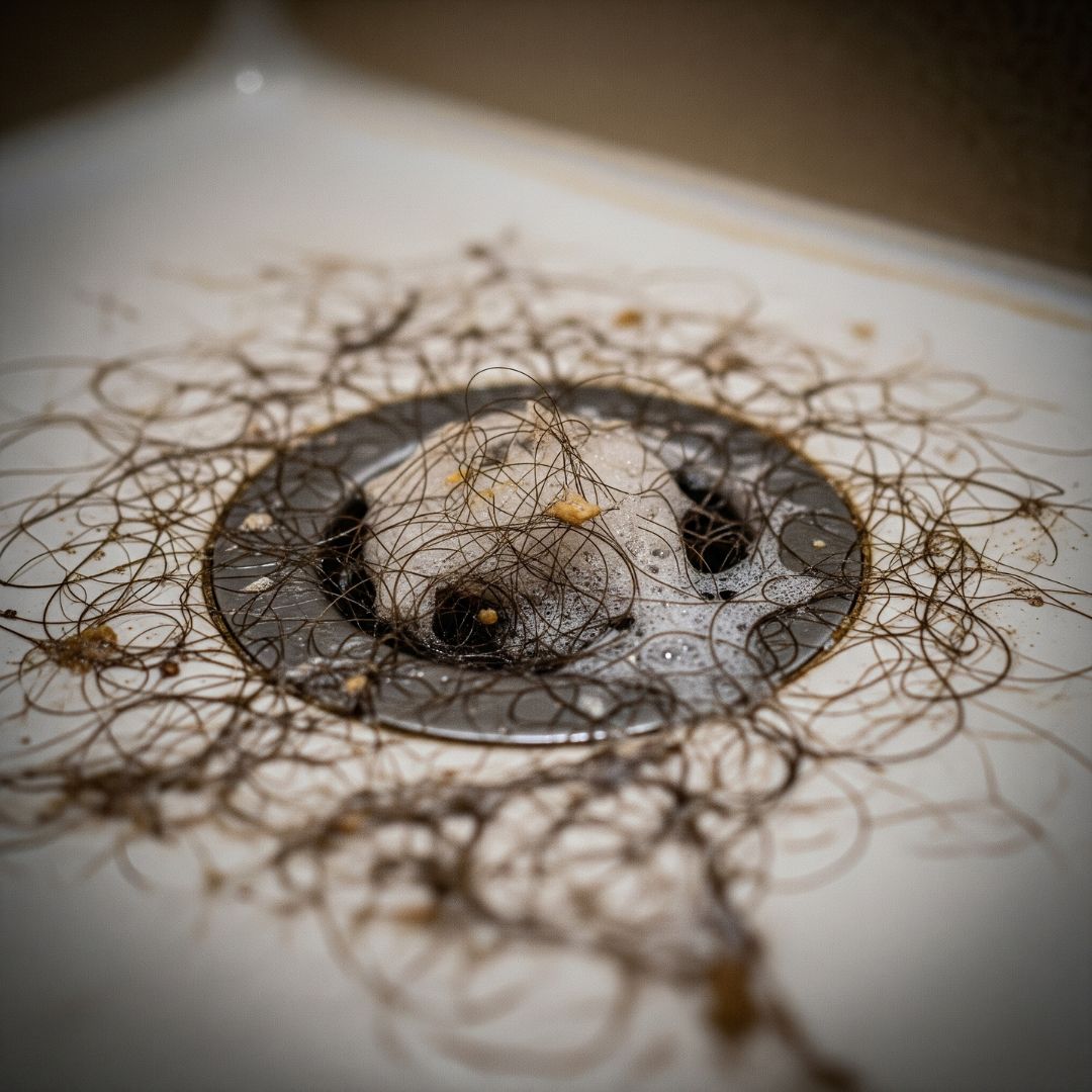 A shower drain clogged with a mass of hair and soap scum