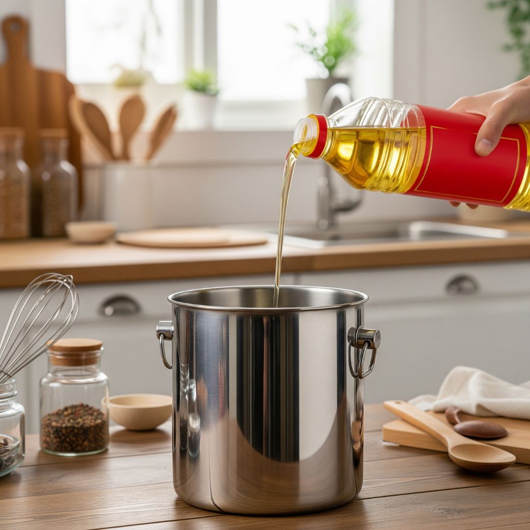 Cooking oil being properly poured into a separate container for disposal