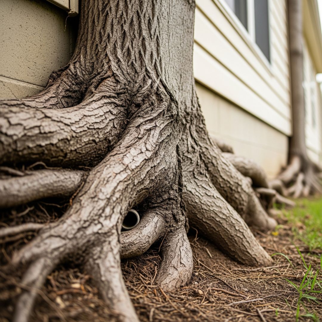 Thick tree roots growing near the foundation of a house